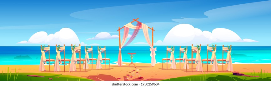 Beach wedding arch and decoration on seaside. Wooden archway and chairs with flowers stand on ocean sandy shore with scatter petals. Gate for marriage, matrimony ceremony. Cartoon vector illustration