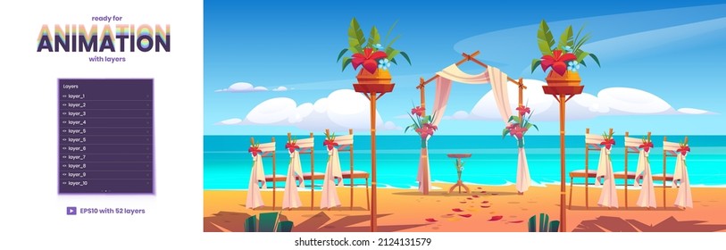 Beach wedding arch and decoration on seaside parallax background with 2d separated layers ready for game animation. Floral archway and chairs stand on ocean sandy shore, Cartoon vector illustration