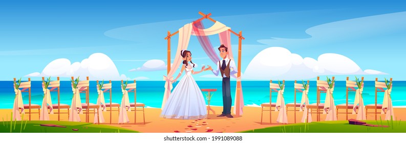 Beach wedding ceremony with newlywed couple, floral arch and chairs on sea shore. Vector cartoon landscape of tropical ocean coast with decoration for marriage celebration, bride and groom