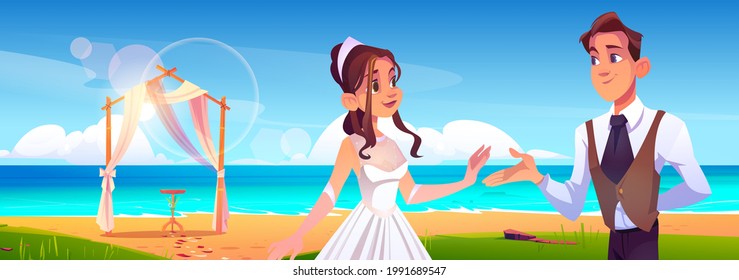 Beach wedding ceremony with newlywed couple, floral arch on sea shore. Vector cartoon landscape of tropical ocean coast with decoration for marriage celebration, bride and groom