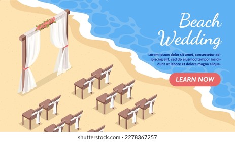 Concepto de bodas en la playa. Sillas y arco decorado sobre arena cerca del mar o del océano. Cena romántica en la orilla o en la costa. Restaurante tropical y exótico. Ilustración vectorial isométrica de dibujos animados