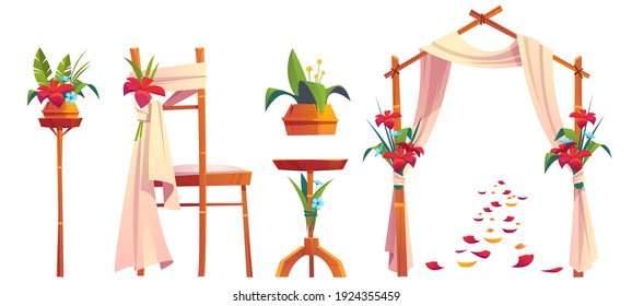 Beach wedding decoration with floral arch and chair isolated on white background. Vector cartoon set of objects for marriage ceremony on sea share, tropical location. Wedding gate with flowers