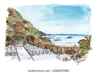 Beach wedding  Devon  Tunnels Beaches   outdoor ceremony  deck chairs  cliff top  Watercolor sketch illustration  Isolated vector 
