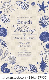 Beach Wedding Invitation Template with Seashell Border Elegant Coastal Style