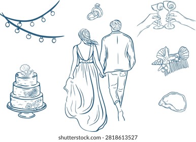 Beach wedding sketch set. Hand drawn bride and groom, cake, clinking glasses and nautical elements outline illustration. Line art engraved vector icons bundle.