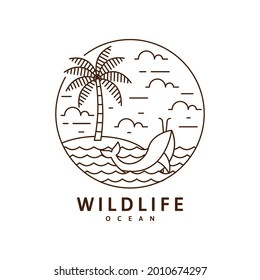 Beach and whale illustration monoline or line art style, beach, sea, coconut trees, sky clouds, whale vector design illustration