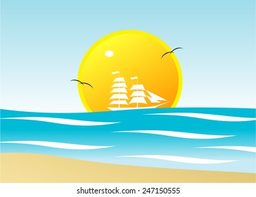  A beach and the white ship against the big sun