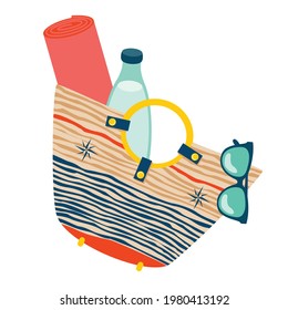 Bolsa de mimbre en la playa con estera, botella y gafas de sol. Vector, aislado, fondo blanco.