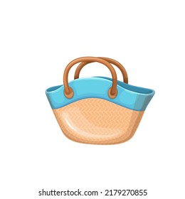 Beach Wicker Bag Vector Illustration. Cartoon Isolated Fashion Straw Handbag For Summer Travel Vacation And Holidays, Girly Blue And Orange Accessory With Leather Handles, Handicraft Bag For Weekend