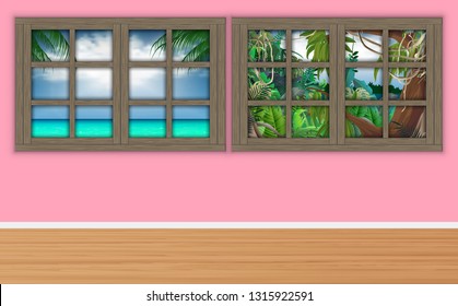 beach windows with jungle windows in the room
