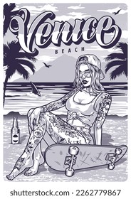 Beach woman tourist flyer monochrome with girl sits on sand of sea shore with skateboard traveling around island vector illustration