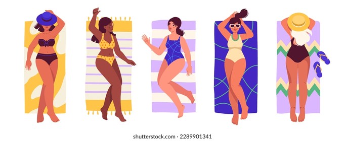 Beach women set. Curvy girls in swimsuits or bikinis lie on towels. Recreation in summer season. Plus size characters sunbathing. Cartoon flat vector illustrations isolated on white background