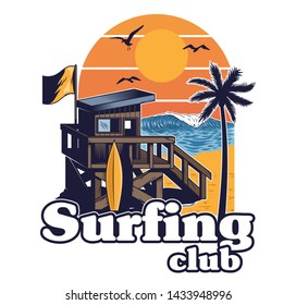 Beach wood house of surfing club beach rescuer in vintage retro style with summer sunset wave palm. Cartoon illustration fashion trendy hipster print design clothes t shirt poster sticker badge patch