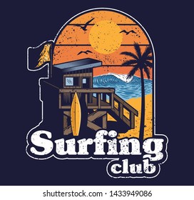 Beach wood house of surfing club beach rescuer in vintage retro style with summer sunset wave palm. Cartoon illustration fashion trendy hipster print design clothes t shirt poster sticker badge patch