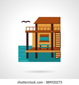 Beach wooden bungalow with seascape. Tropical resort. Cafe and bars. Flat color style vector icon. Web design element for site, mobile and business.