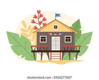 Beach wooden house vector illustration. Dwelling hut, bungalow exterior on the sand. Marine raised lodge building with stairs and flags. Flat coast tropical cottage with on floral background