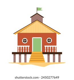 Beach wooden house vector illustration. Dwelling hut, bungalow lodge exterior on the sand. Marine raised building with stairs and flag. Flat coast tropical cottage cabin isolated on white