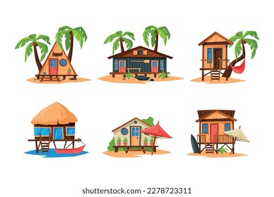 Beach wooden huts, bungalows on exotic topical beach. Summer vacation and travel concept cartoon vector illustration