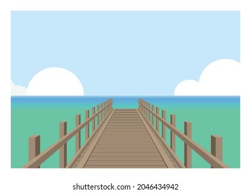Beach wooden pier. Simple flat illustration in perspective view.