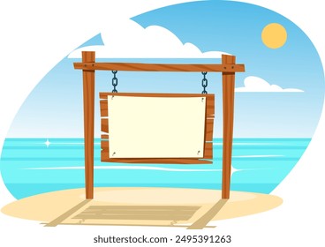 Holzschild am Strand auf einer Kette. Vektorillustration