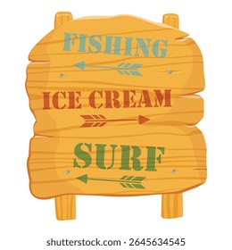 Beach wooden signboard with arrows pointing to ice cream, fishing and surf. Isolated on white background. Summer vacation concept. Vector illustration