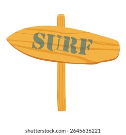 Placa de madeira de praia com seta apontando surf. Conceito de aulas de surf. Isolado no fundo branco. Vetor