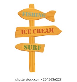 Beach wooden signpost with arrows pointing to ice cream, fishing and surf. Isolated on white background. Summer vacation concept. Vector illustration