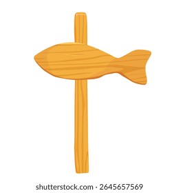 Beach wooden signpost in shape of fish pointing to fishing. Summer decor or directional sign for vacation and recreation spots. Isolated on white background. Vector illustration