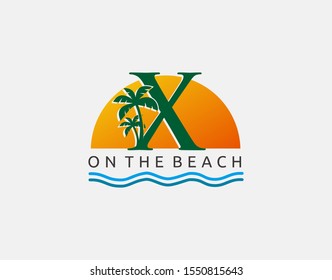 Beach X Letter Icon. Sunset and Palm Tree Letter X Logo Icon. Perfect for surfing shop, sport, Tour and Travel. Initial X with sea wave and palm tree.