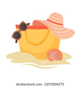 Beach yellow bag with sunglasses and summer hat, seashell in sand. Front view of summer items. Summer accessories for beach and sea. Flat vector illustration isolated on white background