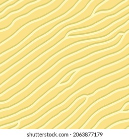 Beach yellow sand, waves background in top view. Sandy dunes rippling waves pattern. Desert surface terrain, seamless cartoon texture. View from above. Vector illustration.