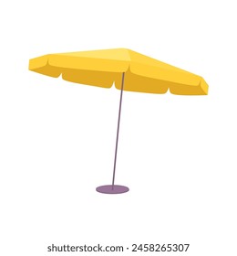 Beach yellow sun umbrella. Amber parasol isolated on white. Summer sunshade icon. Vacation on beach by ocean. Vector cute illustration of holidays in tropical resort, recreation at sea.