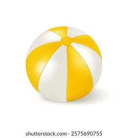 Beach yellow white ball, summer inflatable pool toy. Vector isolated 3d render. Ocean island party beachball. Circus clown icon, sea water float balloon. Color realistic bright plastic game to inflate