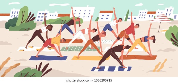 Beach yoga class flat vector illustration. People in sportswear doing yoga asanas on sandy beach. Healthy lifestyle, active recreation outdoors. Open air workout, physical exercising.