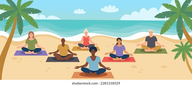 Beach yoga class. Multiethnic group of people men and women doing yoga asanas on sandy beach. Healthy lifestyle, active recreation. Open air workout, physical exercising. Flat vector illustration