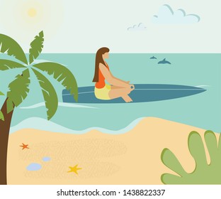 Beach Yoga Training Cartoon Vector Illustration. Woman Sitting in Lotus Position on Surfboard. Cartoon Female Surfer, Girl Swimming and Meditating. Palm Trees, Ocean and Tropical Sea Coast