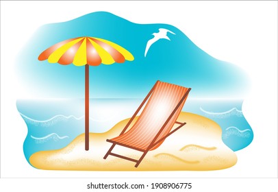 Beach-1. Deck chair and parasol on the sandy shore against the background of the undulating sea and sky with a flying seagull. Summer sunny day. 