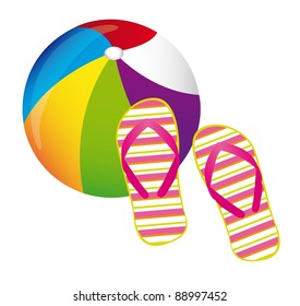beachball and flip flops over white background. vector