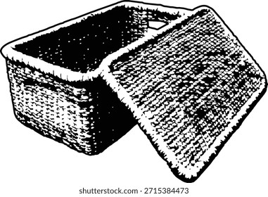 Cesta Beachcomber Recta Medlid. Arte textil minimalista en blanco y negro sobre un fondo oscuro, ideal para la inspiración de la decoración del hogar o el trazado de Vector.