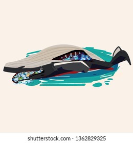 beached  Humpback  whale with Plastics in stomach - vector illustration