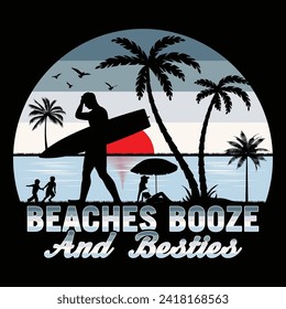 Beaches Booze And Besties Surfing Beach Sunset Summer Sublimation T-Shirt Design svg