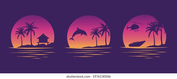 Beaches, dolphins and boats. Miami California Hawaii design. Old school tattoo vector art. Red Sunsets with silhouettes . Vector Graphics for apparel t-shirt