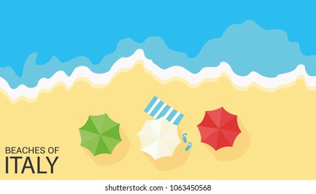 Beaches of Italy. Beach with umbrellas, sand and the sea. Vector illustration.