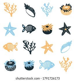 Beaches and Sea Life theme vector icons. Fish, shells, anemones, corals isolated on white background