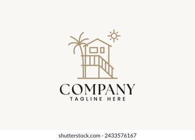 beachfront home with palm tree and sun logo design for real estate and lifestyle company business