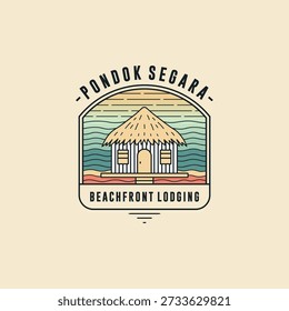 
Beachfront lodging logo design, features a thatched hut on the beach against a backdrop of ocean waves and a sunset. It's perfect for a lodging business, tropical resort, beach cafe, or surfing community