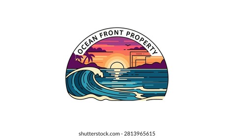 Beachfront property logo with sunset.