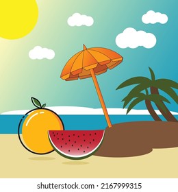 Vektor Design am Strand mit Früchten und Regenschirmen.