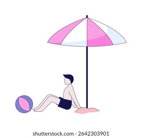 Beachgoer boy sitting under umbrella with beach ball 2D cartoon character. Relaxing child summer. Young man in swim trunks flat vector faceless person isolated on white. Spot illustration colorful