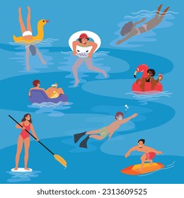 Beachgoers Enjoy Sea With Laughter And Excitement, Splashing In The Waves, Swimming, Surfing, And Soaking Up The Sun's Warmth. Male and Female Characters in Ocean. Cartoon People Vector Illustration